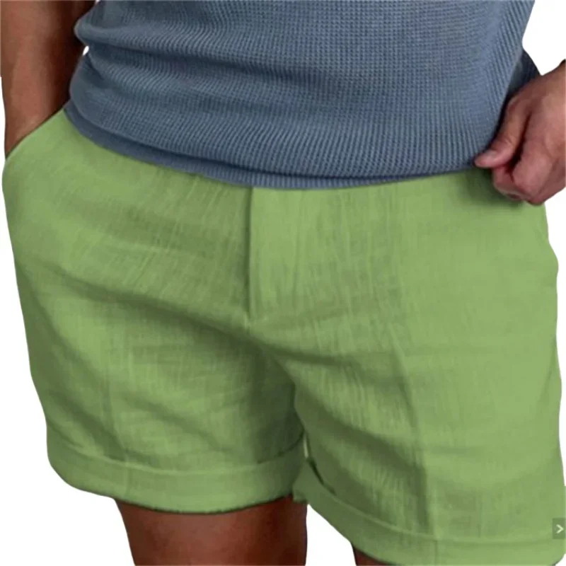 Pop New Men's Cotton Linen Shorts Pants Male Summer Breathable Solid Color Linen Trousers Fitness Streetwear