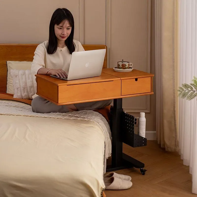 Removable Solid Wood Dressing Table Lifting Flip Vanity with Wheels Japanese Style Bedside Makeup Desk for Small Apartment