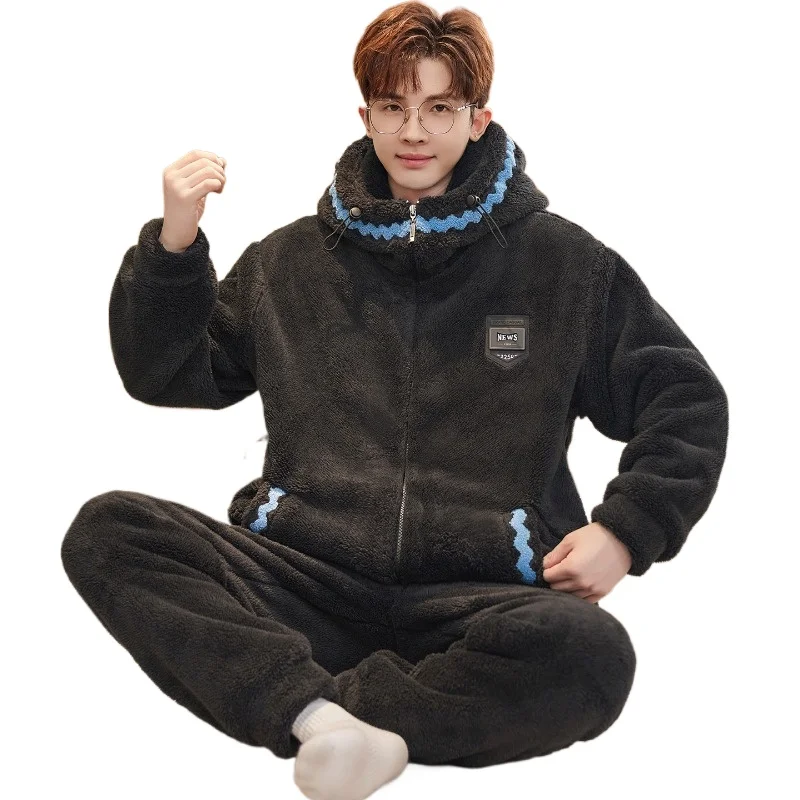 Men's Pajamas Thickened and Velvet Coral Velvet Teen College Students Men's Styles Underwear Autumn and Winter Hooded Lounge