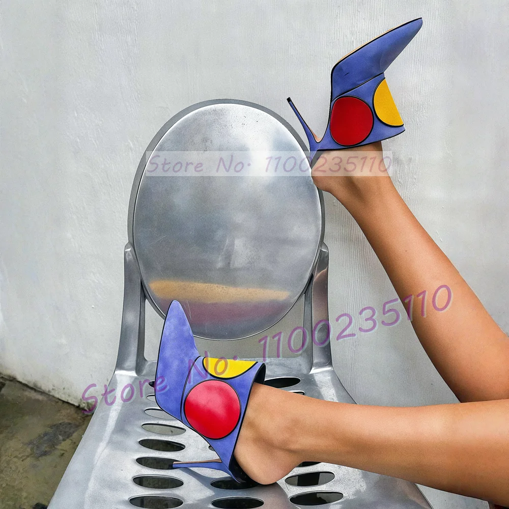 Blue Suede Pointed Toe Mules Ladies Elegant Colorful Circular Decals Sewing Trim Slippers Party Pull On Concise Outdoor Shoes