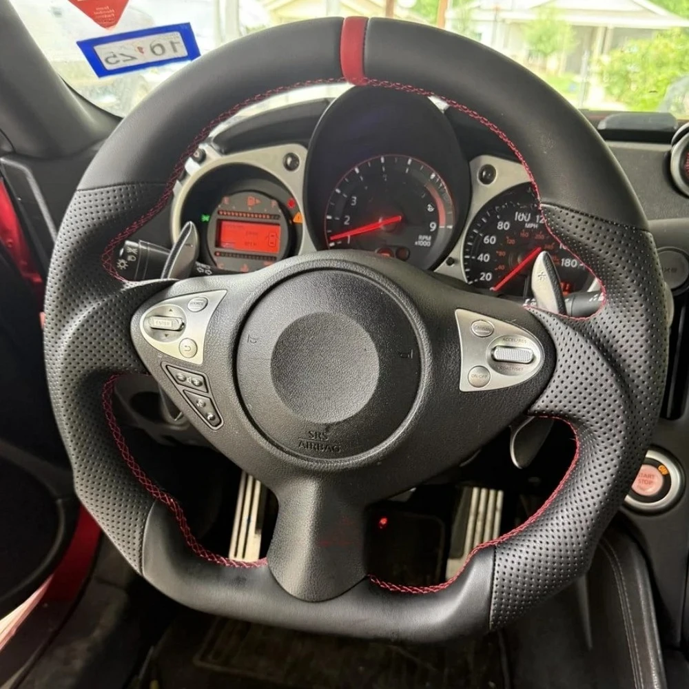 

Full Leather Steering Wheel D-Type Flat Bottom Perforated Leather Red Center Line Fit For Nissan 370Z NISMO Sentra 2008-2019