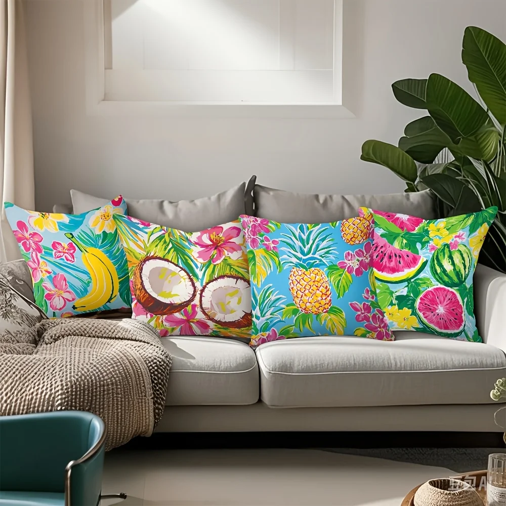 Tropical Floral Pillowcase Set 4pcs Cushions Summer Decorative Banana Pineapple Coconut Watermelon Prints 45x45cm Home Decor