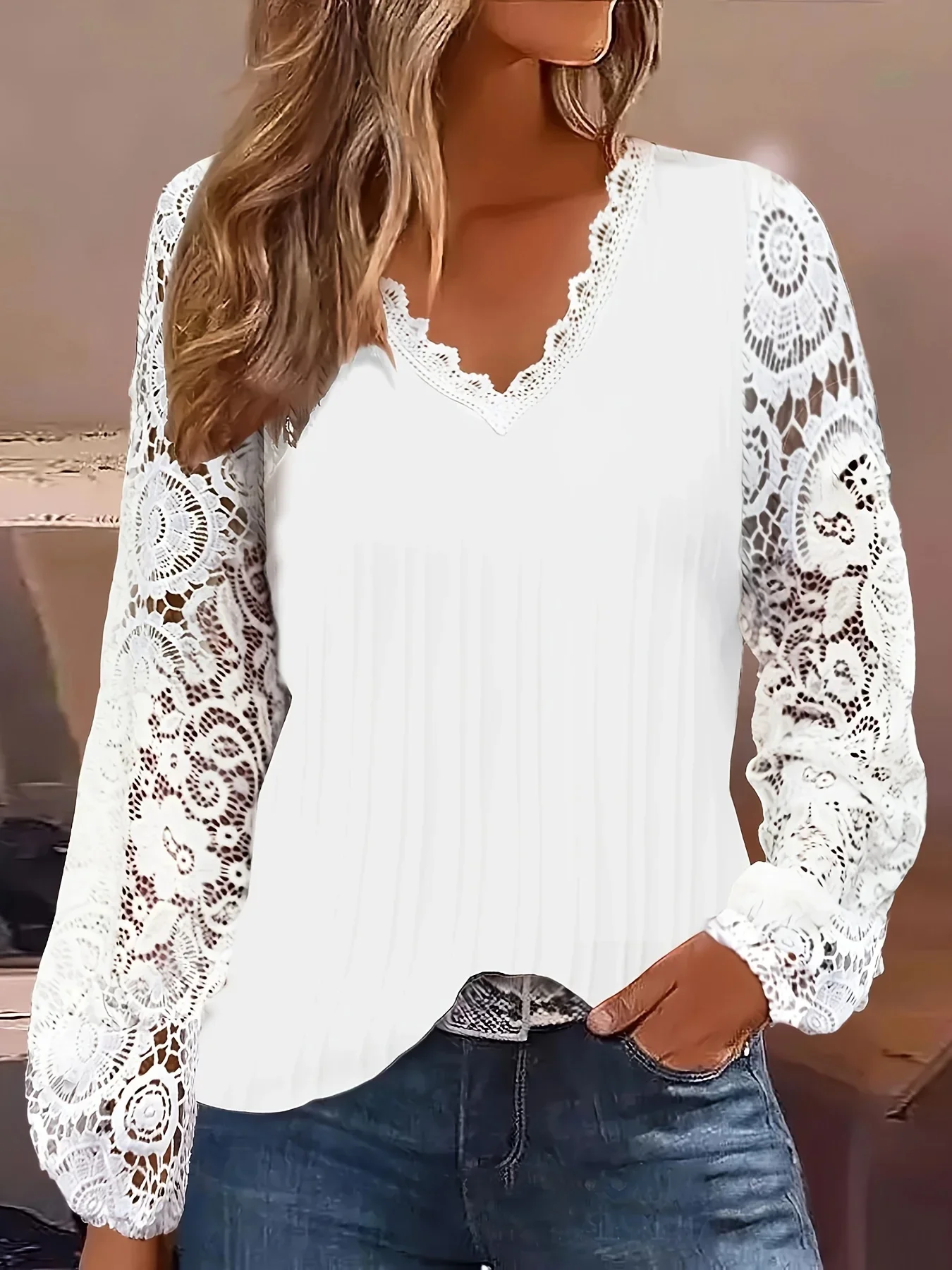 Women\'s Plus Size 1XL-5XL Fashion Ladies Casual Lantern  Loose Blouse Contrast Guipure Lace Long Sleeve Shirt