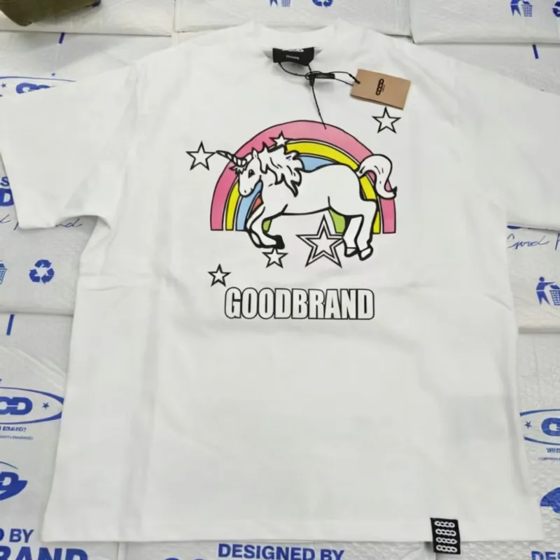 

Летняя футболка GOODBRAND 26ss с рисунком единорога и радуги, хлопковая, для пар, с круглым вырезом, черно-белая, мужская и женская, с коротким рукавом