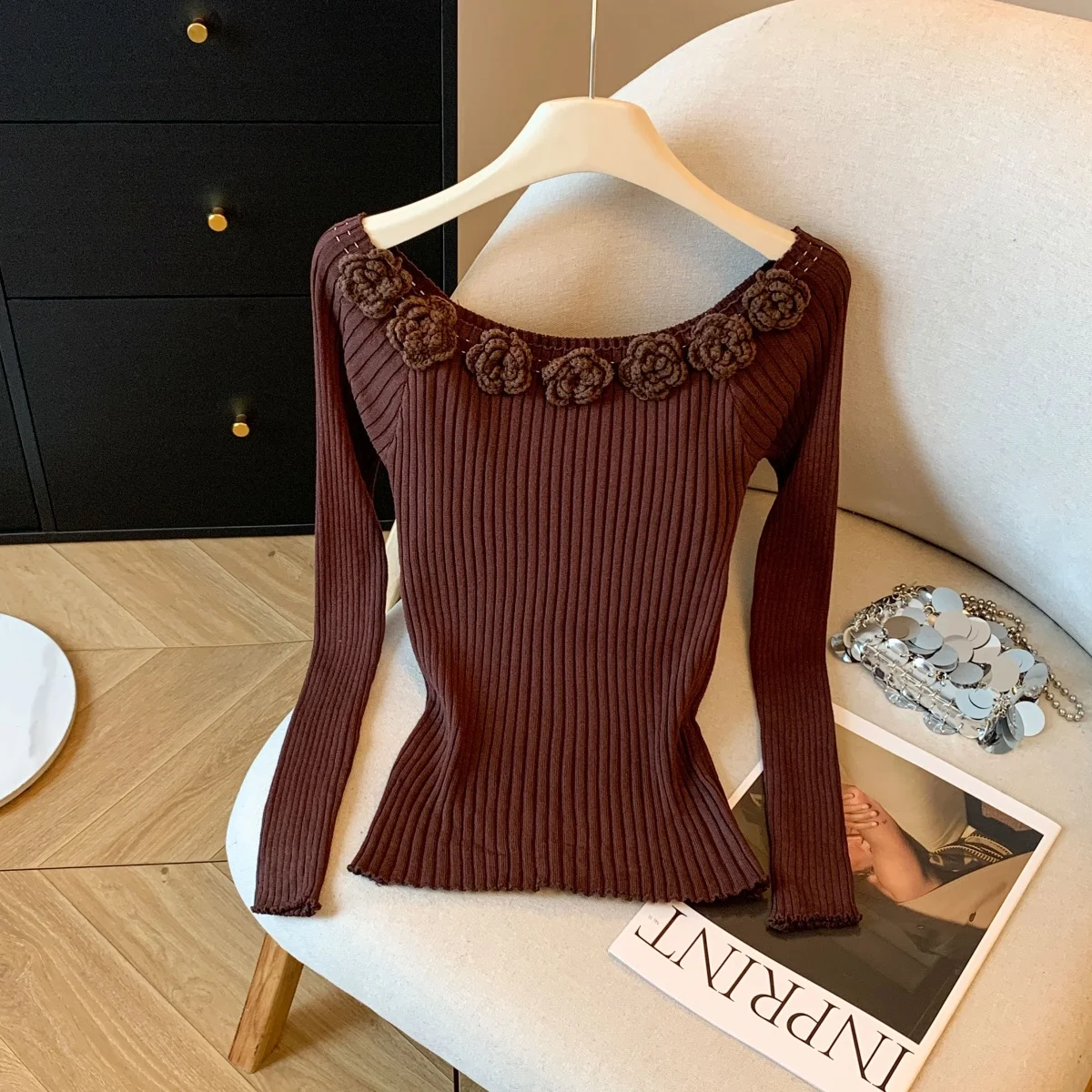 한국 패션 여성 풀오버 스웨터 2025 가을 겨울 섹시한 꽃무늬 니트 셔츠 슬림 긴팔 캐주얼 여성 상의