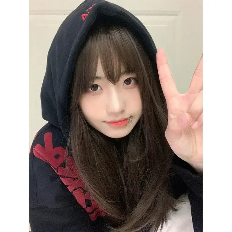 Black Oversized Hoodies Women Streetwear Vintage Letter Print Hooded Sweatshirts American Retro Hip Hop Casual Pullover Y2k