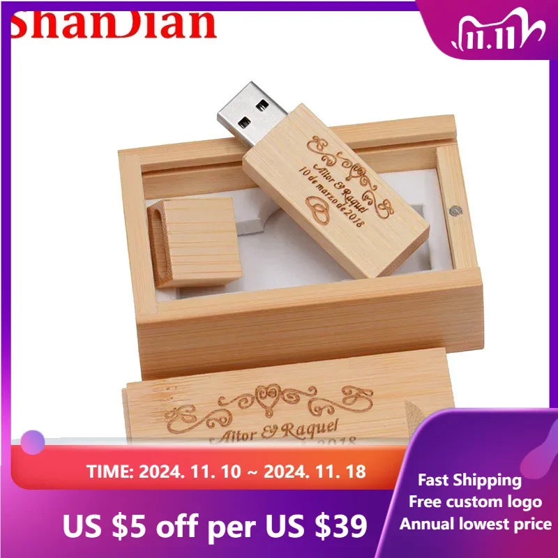 Free Logo Wooden With Gift Box USB 2.0 Flash Drive Real Capacity Pendrive Photography Memory Stick 64GB/32GB/16GB/8GB U Disk