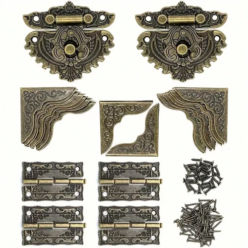 2 juegos/22 Uds. Gabinete decorativo Retro joyero cerrojo pestillo hebilla Mini caja bisagras y protectores de esquina de caja con tornillos