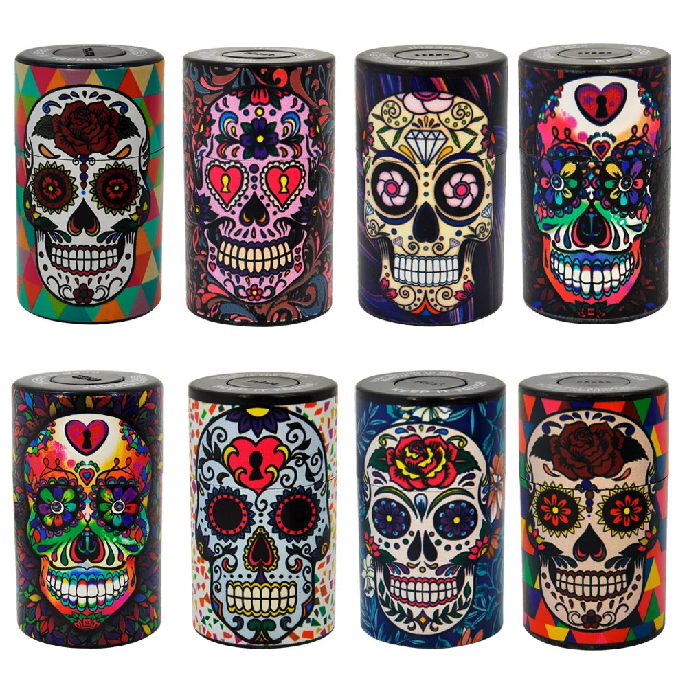 Plastic Air Tight Can-Stash Vacuum Sealed Spice, Tobacco Jar with Tie Dye Skull