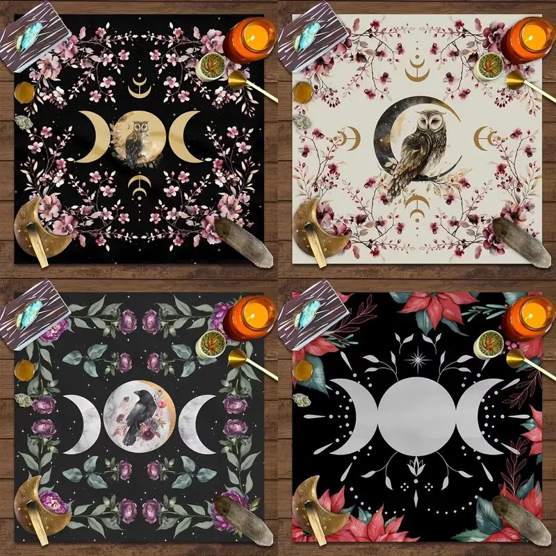 VIKAMA Floral Triple Moon Witch Altar Tarot Cloth Owl Raven Moon Phase Divination Oracle Reading Mat Home Decor