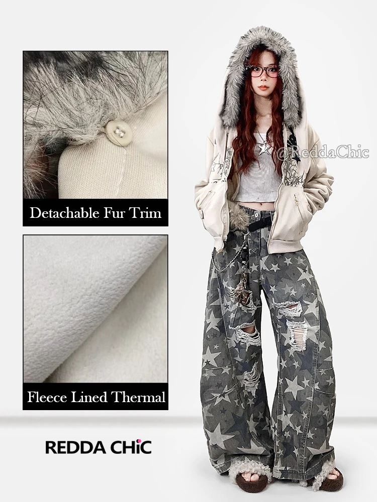 REDDACHiC Esthetische Zip Up Grafische Hoodies Jas Bunny Oor Fuzzy Capuchon Fleece Gevoerde Oversized Top Harajuku Y2k Vrouwen Kleding