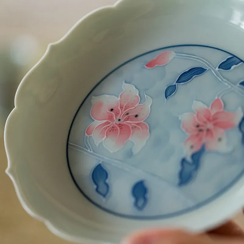 Jingdezhen Ceramic Tea Tray Underglaze Painted Lily Sunflower Pattern Dry Brewing Table Pot Bearing Plate for Kung Fu Tea Set