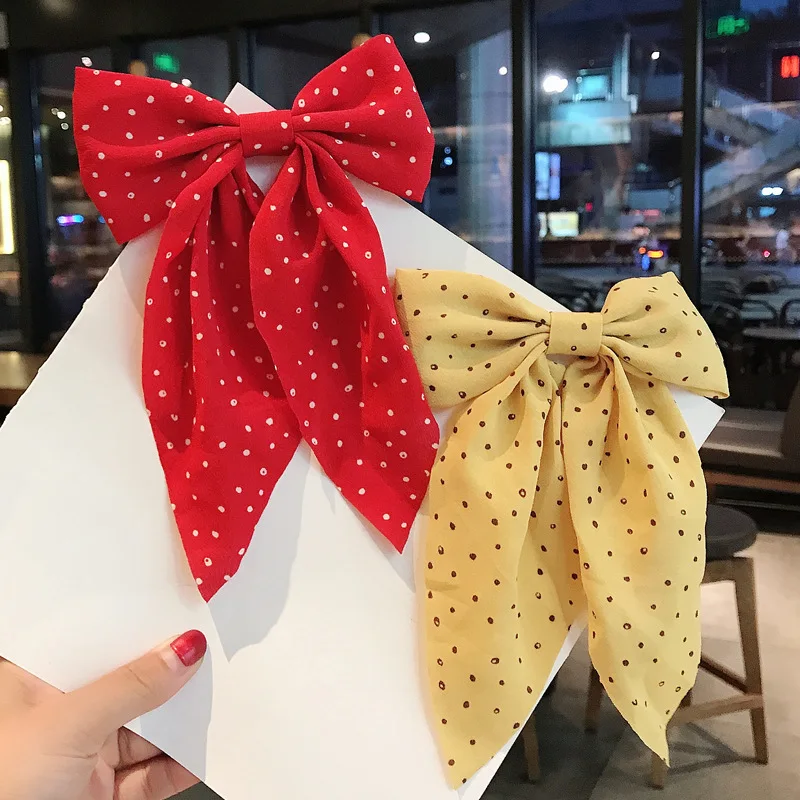 

Chiffon Polka Dots Print Bowknot Ribbon Hair Clips Solid Kawaii Big Bow Hairpins Barrettes Cute for Women Girls Accessories