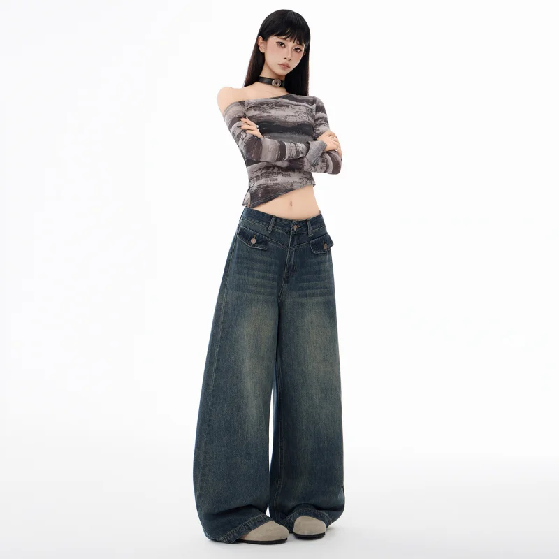 

Autumn high-waisted loose slimming straight-leg jeans with flip-pocket design, wide-leg drapey floor-length extended denim pants