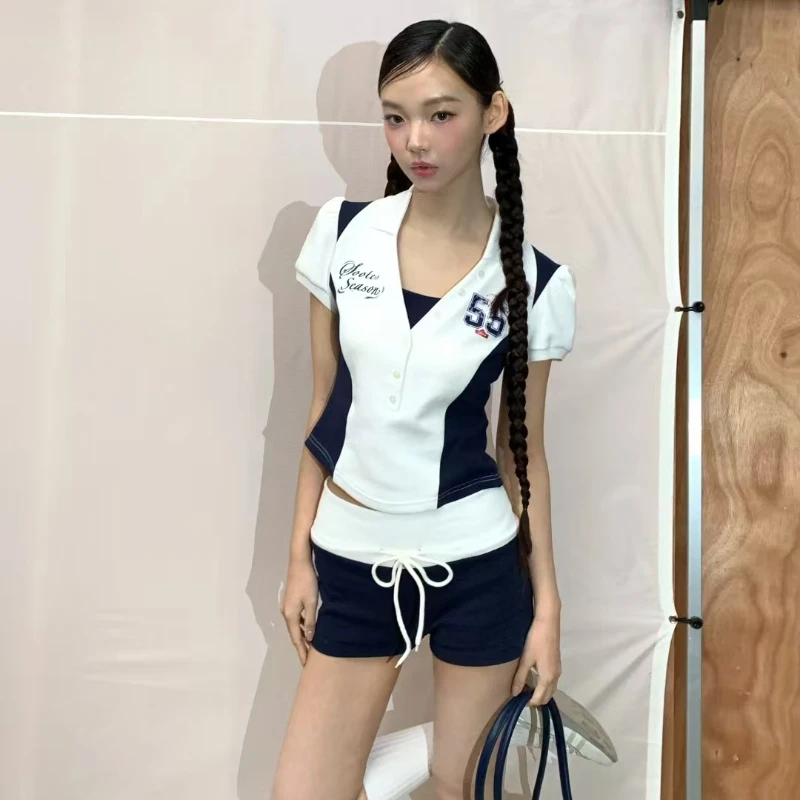 Amerikanischen Patchwork Kontrast Farbe T-shirt Frauen Adrette Polo Kragen Kurzarm Gedruckt T-shirt Casual Vielseitig Schlank Tops