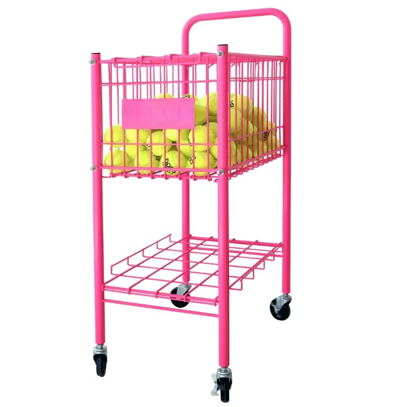 عربة تنس باللون الوردي النيون، عربة تغذية محمولة قابلة للطي، إطار كروي للتدريب بسعة كبيرة مع عجلات