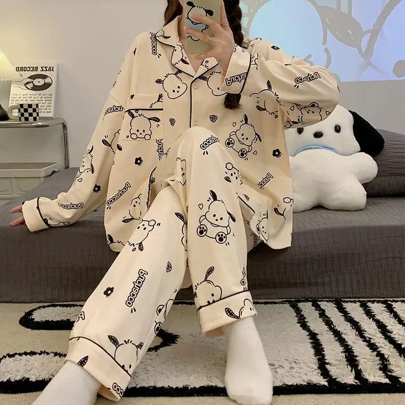 

Sanrio Kawaii пижамы Pochacco, брюки с длинными рукавами из мультфильма, милый новый стиль, модная домашняя одежда для девочек, удобная дышащая одежда