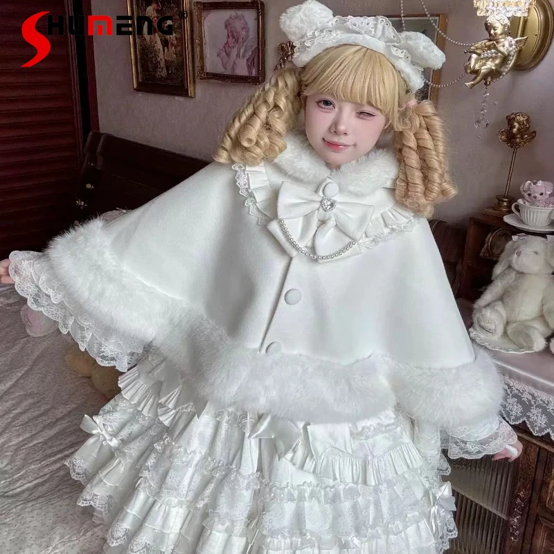 

Original White Lolita Sweet Hooded Cloak Autumn Winter New Girl's Cute Bowknot Pearl Chain Plush Thickened Capes Short Jacket