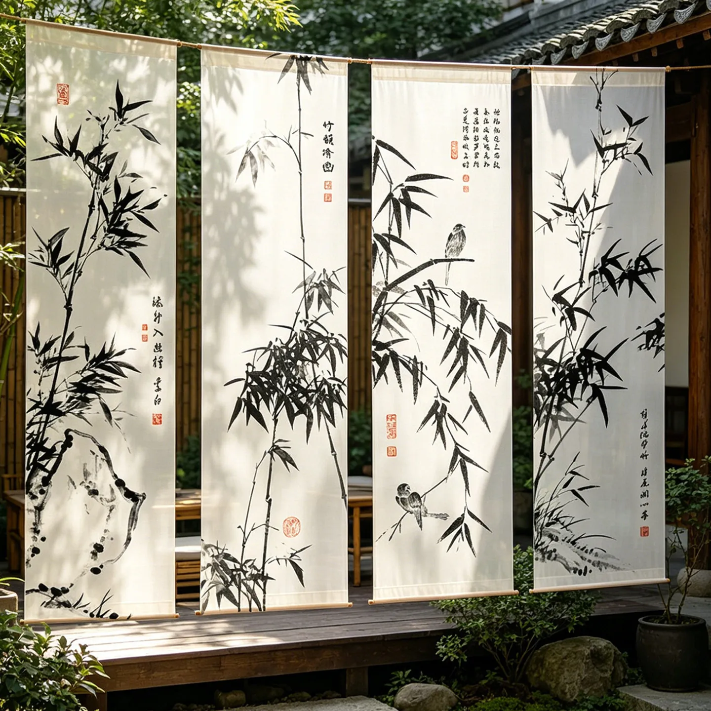 Bamboo Sheer Curtain Room Divider – Semi Transparent Gauze Drape, Japanese Noren Partition for Zen Living Room & Tea House