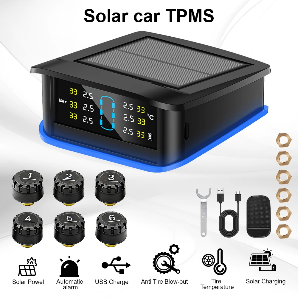 

Car Tire Pressure Alarm Safety Alarm Monitoring System Digital LCD Display Truck RV TPMS ​Solar TPMS 6 External Sensors