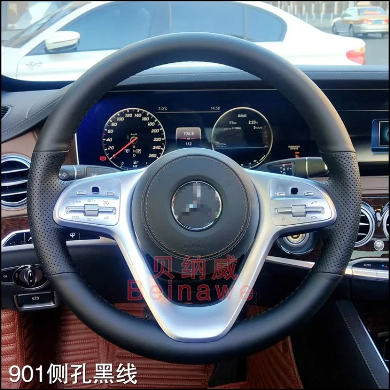 For Mercedes Benz S320L S450L 2018 Hand-stitched Black Perforation Leather Car Steering Wheel Cover Braid Breathable Accessories