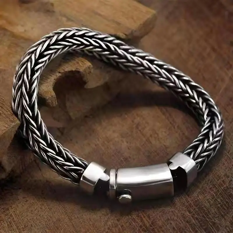 S925 Sterling silver vintage pure hand-woven twist thick keel men's and women's bracelet personality jewelry