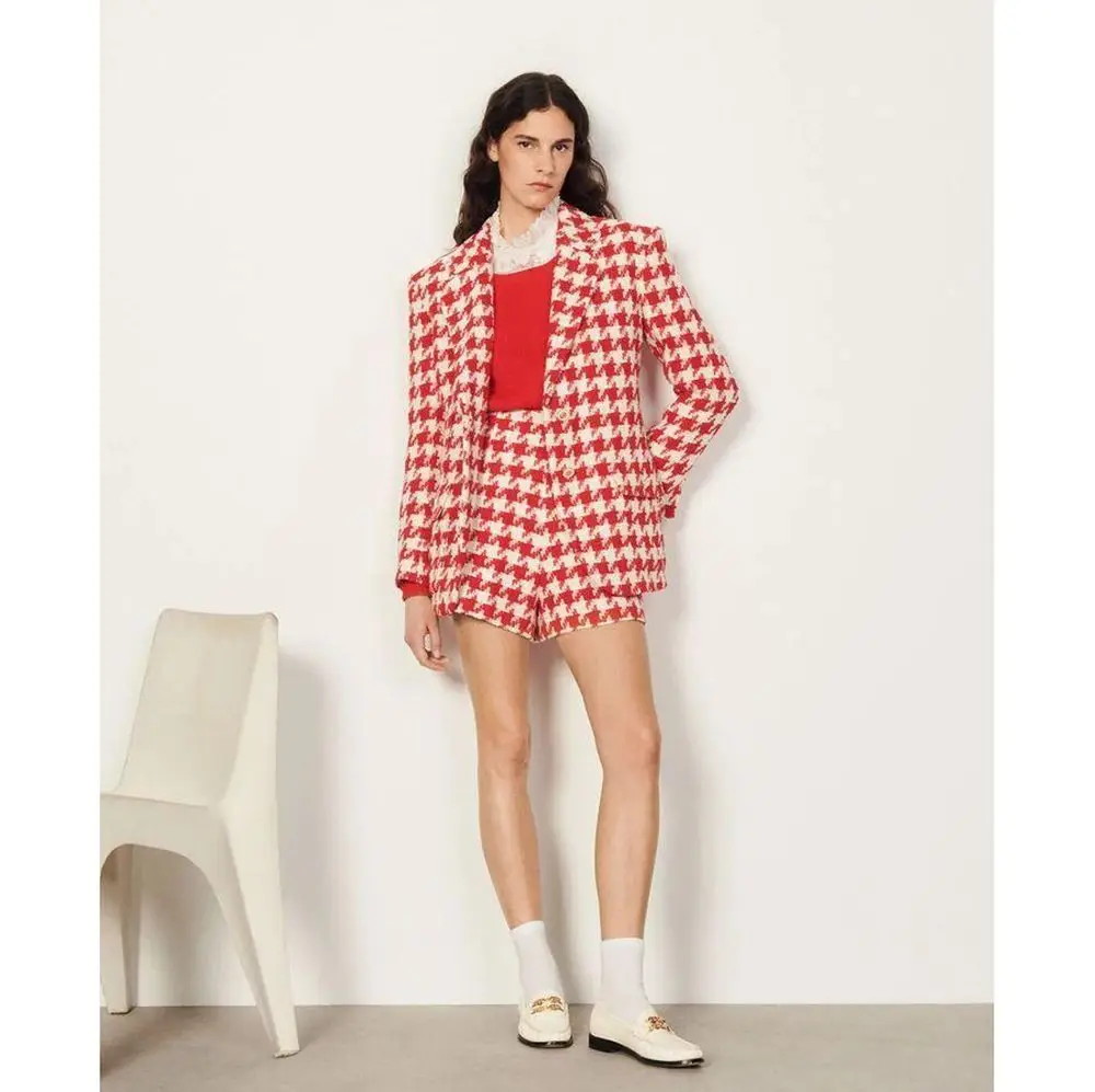 

Fashion Houndstooth Women Short Pants Suits For Wedding Custom Made White Pink Long Sleeve Evening Fashion Wear 2 Pieces