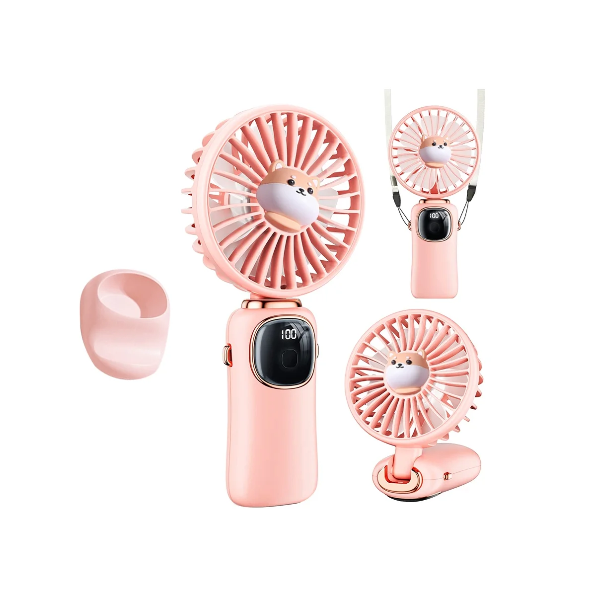 Portable Handheld Fan, 4000MAh Neck Fan with LED Display, Foldable Desk Fan with Base, 5 Speed Fan for Women Pink