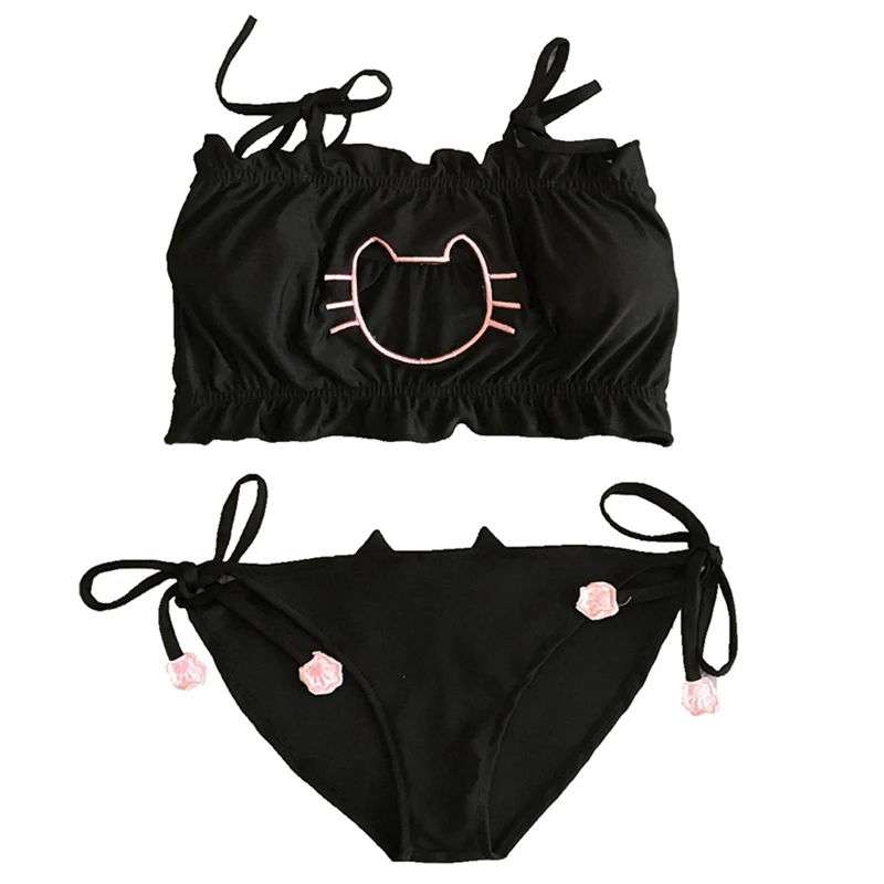 New Arrive Cute Sexy Kawaii Kitty Cat Embroidery Meow star Keyhole Hollow Bra And Underwear Love live Anime Cosplay Lingerie Set