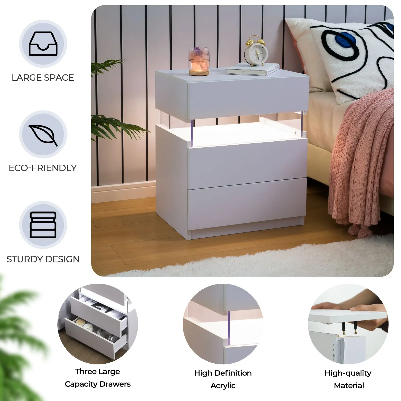 LED White Nightstand Set 6