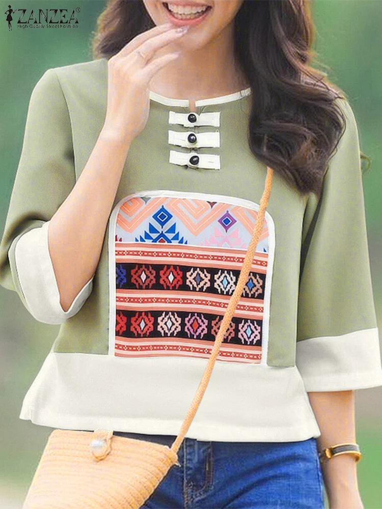 

ZANZEA Women Fashion Blouse Summer Vintage Printed Shirts 2025 Half Sleeve Casual Loose Tops Tunic Buttons Oversize Loose Blusas