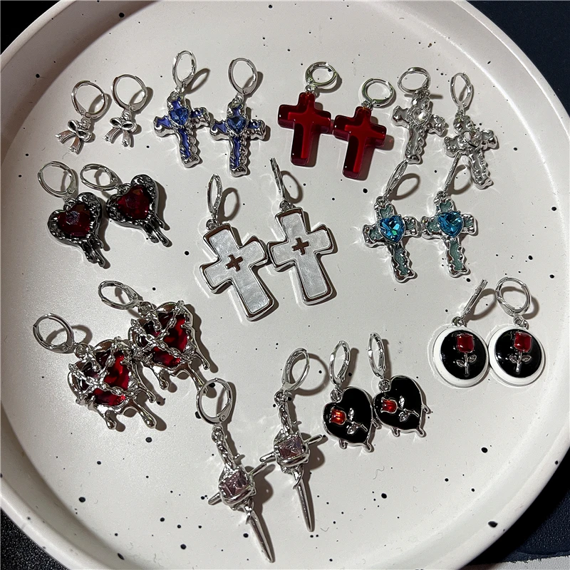 New Gothic Aesthetic Cute Star Cross Heart Earrings Egirl Men Punk Cool Grunge Jewelry Vintage Y2K EMO 2000s Scene Accessories