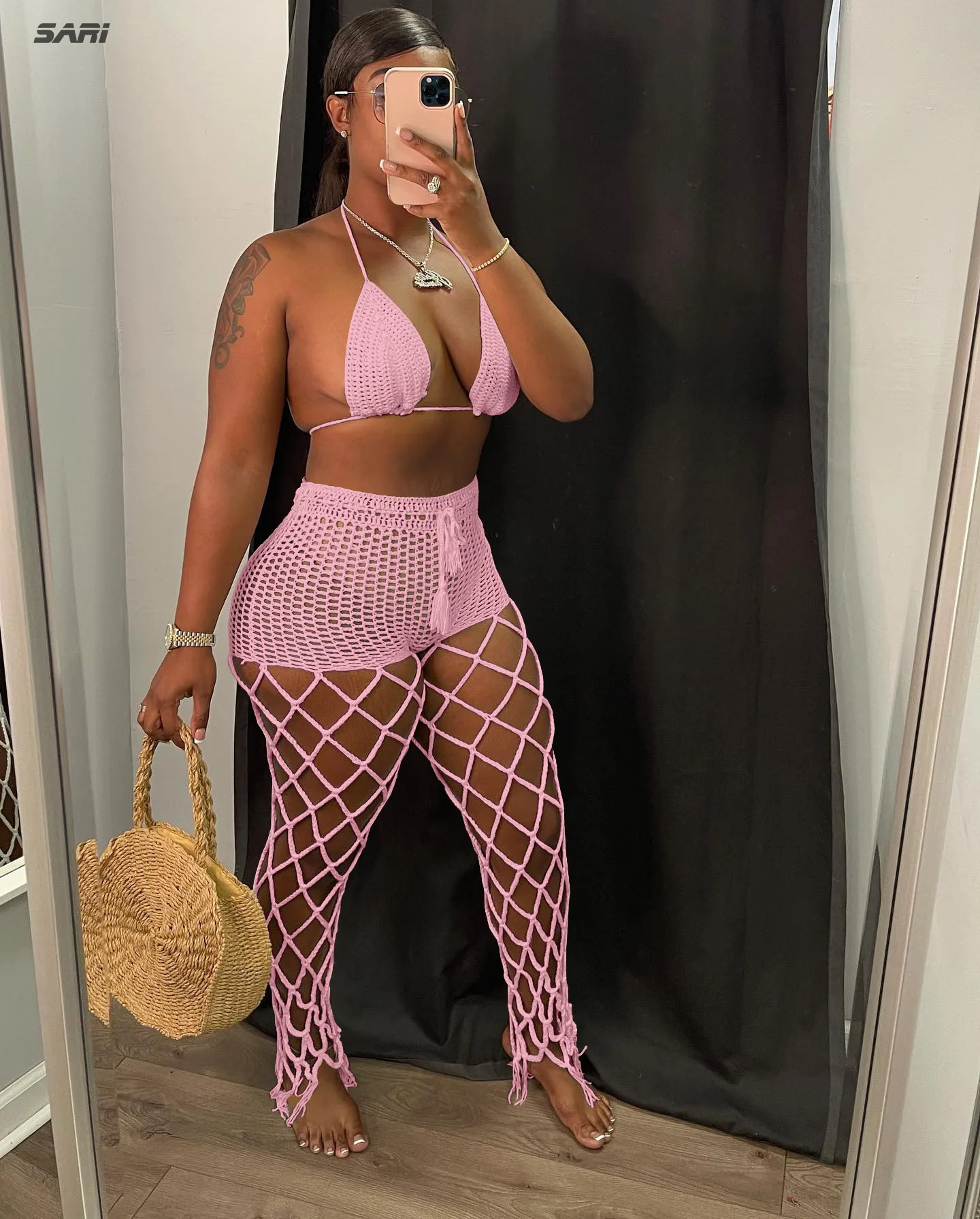 2022 Women Summer Two Piece Sexy Halter Tank Top and Cutout Fishnet Pants Perspective Beach Style Nightclub Bar Streetwear