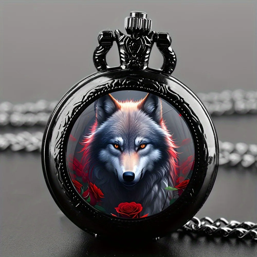 10pcs/lot Unique Wolf Animal Pattern Quartz Pocket Watch Black Necklace Pendant World-Time Feature Analog Display For Women Men