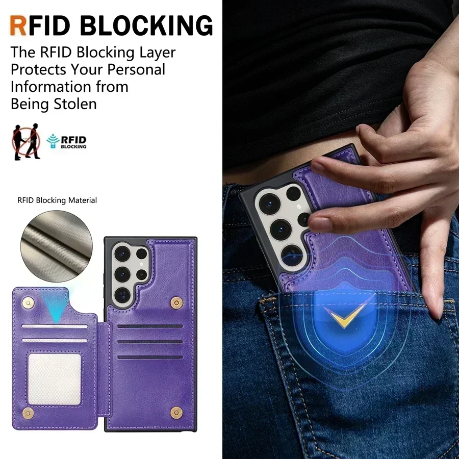 กระเป๋าสตางค์สีทึบแม่เหล็กหัวเข็มขัดคู่ RFID Blocking Card สําหรับ Samsung Galaxy S24 Ultra S23 FE S22 PLUS S21 s20