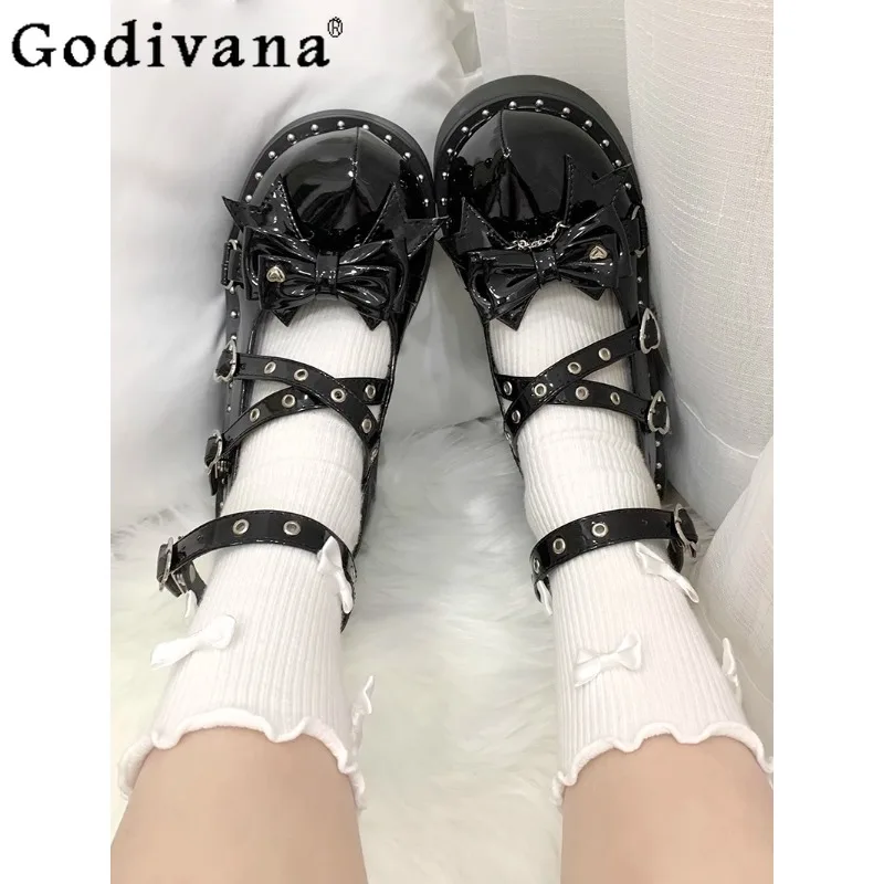 

Lolita Platform Heel Shoes Women's Punk Sweet Cool Black Leather Shoes Female Japanese Style Wedding Shoes Bride