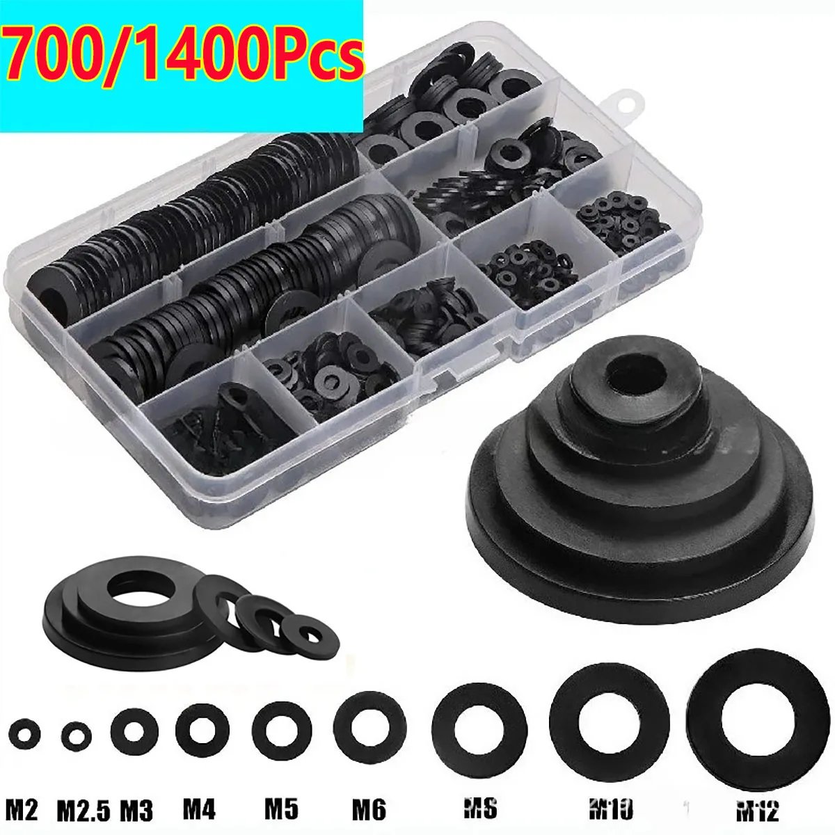 

700/1400Pcs Black Nylon Rubber Flat Washer Ring Seal Hose Gaskets Metric Bolt Srew Sealing Kit M2 M2 M2.5 M3 M4 M5 M6 M8 M10 M12