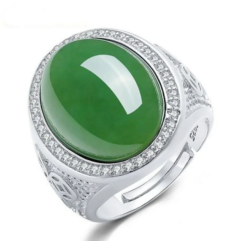 Top Grade Jade Green Oval Ring For Men Jewelry 925 Silver Male Wedding Ring With Shining Stones Hollow Coin Finger Accessories