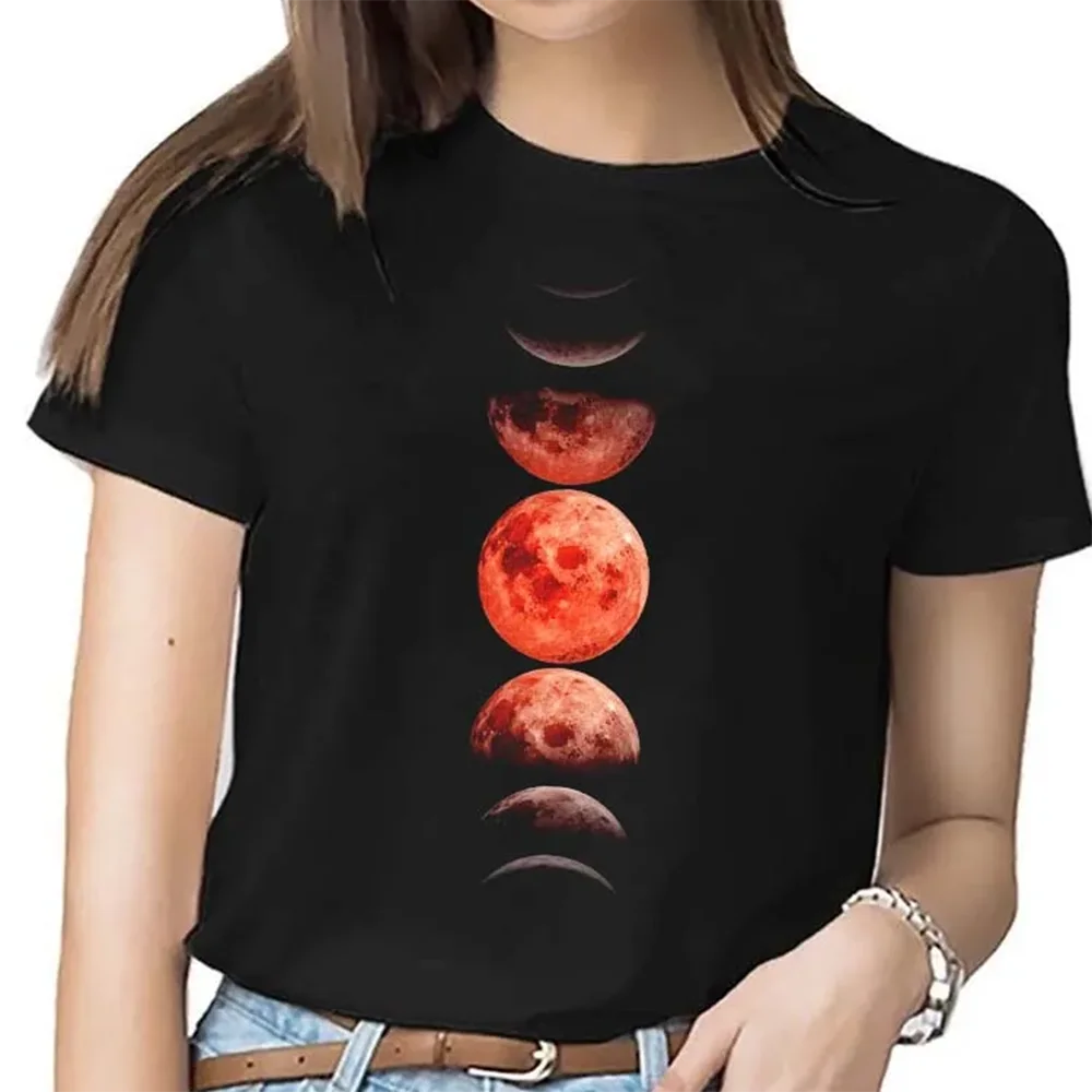 Plus Size New Funny Moon Print T Shirt Women White and Black Shirts Fashion Round Neck Short Sleeve T-Shirt Summer Tees