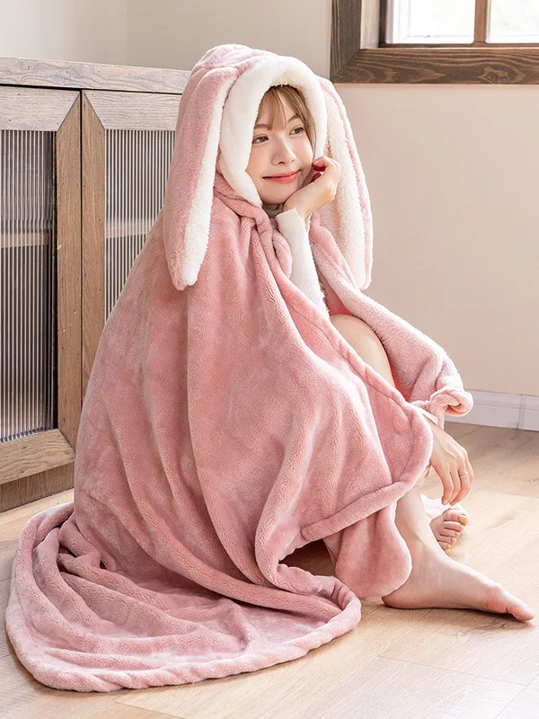 Autumn And Winter Rabbit's Ear Shawl Nightgown Cloak Lazy Man's Cloak Warmth Thickened Cute Student Office Nap Blanket