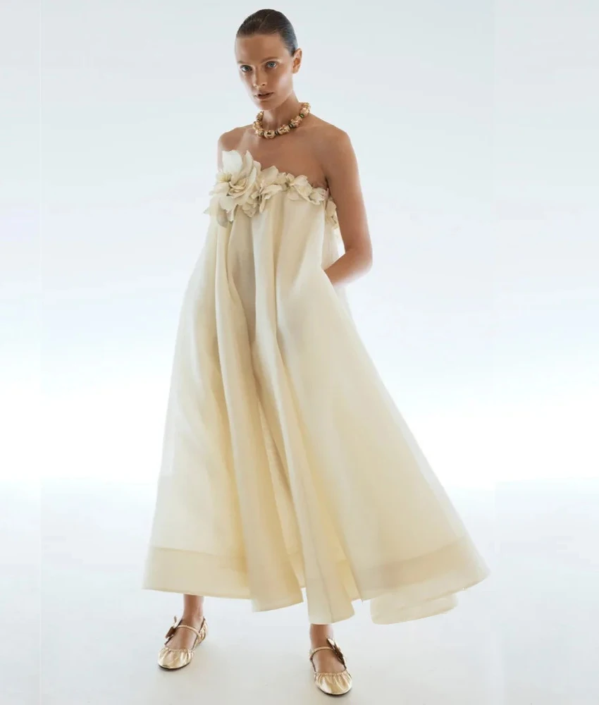 

Customized Sexy Tulle A-Line 3D Flowers Evening Dress High Quality Strapless Sleeveless Ankle Length Bespoke Occasion Gowns