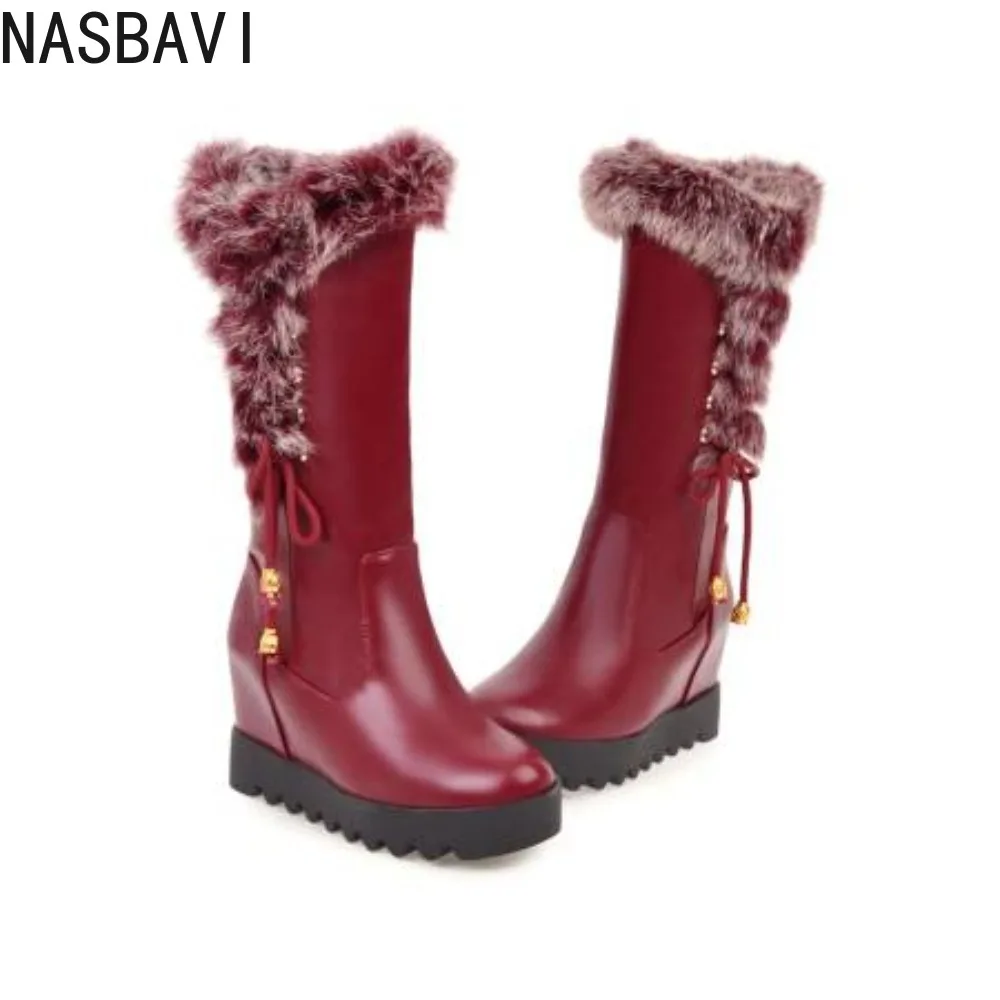 NASBAVI Winter Frauen Schnee Stiefel Warme Pelz Mittlere Waden Hohe Stiefel Lace-up Weibliche Schuhe Weibliche Nette Gepolsterte Stiefel zapatos De Mujer