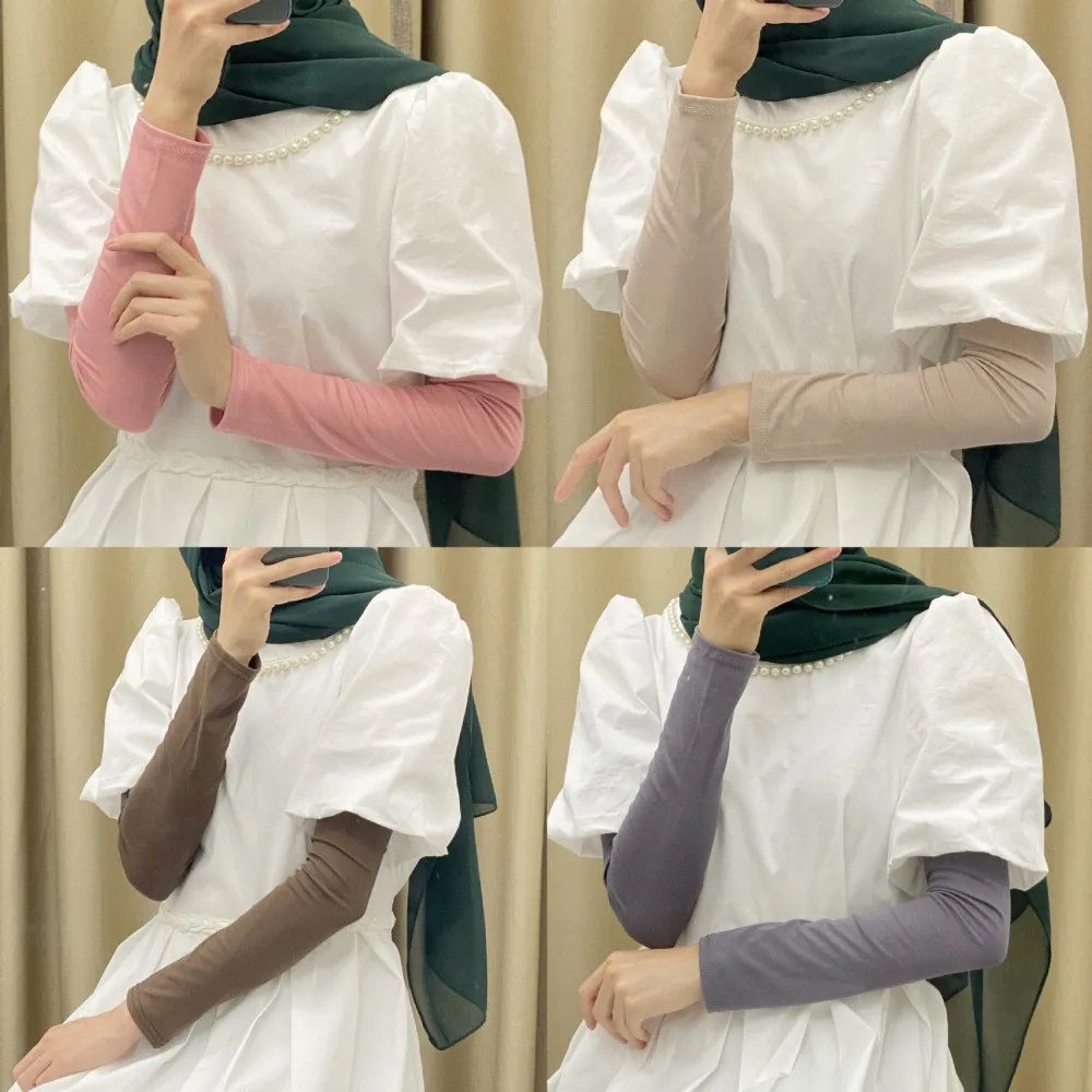 Sarung tangan wanita, penutup lengan kain melar Muslim Islam, penghangat lengan hangat elastis warna polos