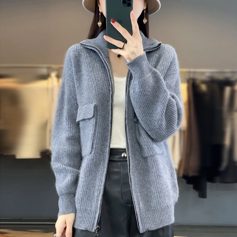 

Autumn and Winter New 100% Pure Australian Woolen Sweater Women's Polo Neck Zipper Thickened Loose Relaxed Knitted Pocket Coat