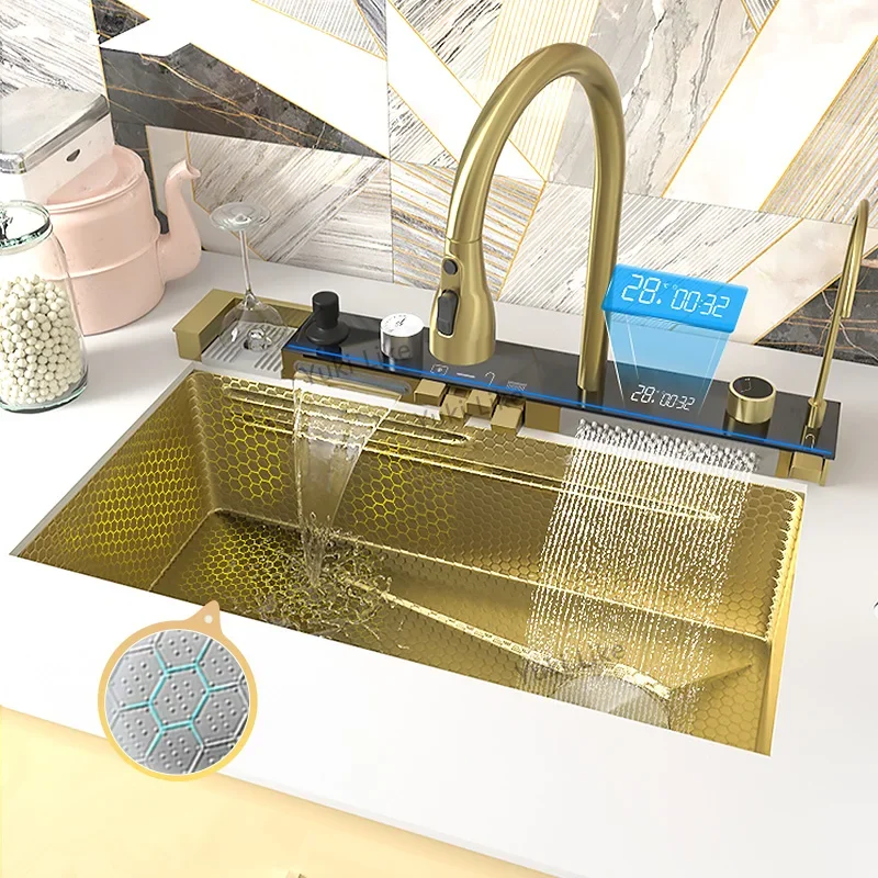 Golden Kitchen Sink Multifunctional Stainless Steel Waterfall Sink Embossed Digital Display Large Single Slot Gold Wash Basin