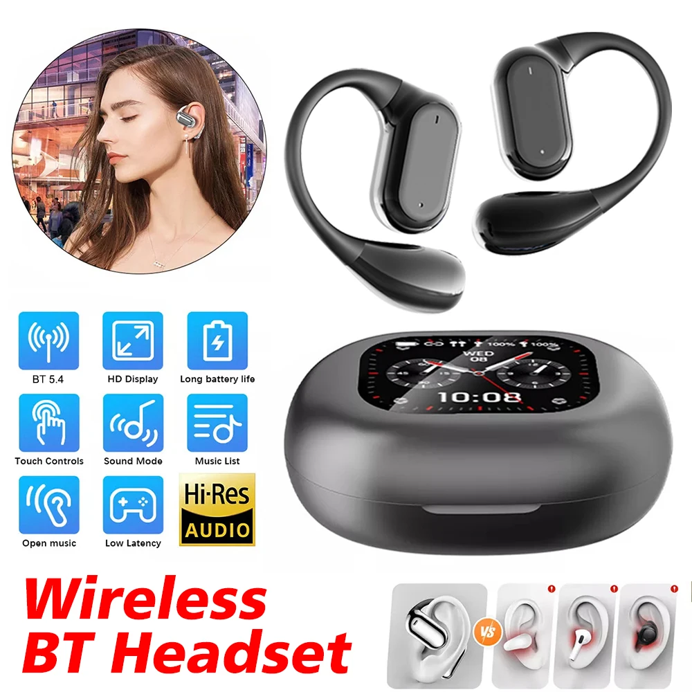 Auriculares Bluetooth con pantalla táctil LCD a todo color OWS, auriculares abiertos con gancho para la oreja, auriculares con cancelación de ruido, auriculares con sonido HiFi