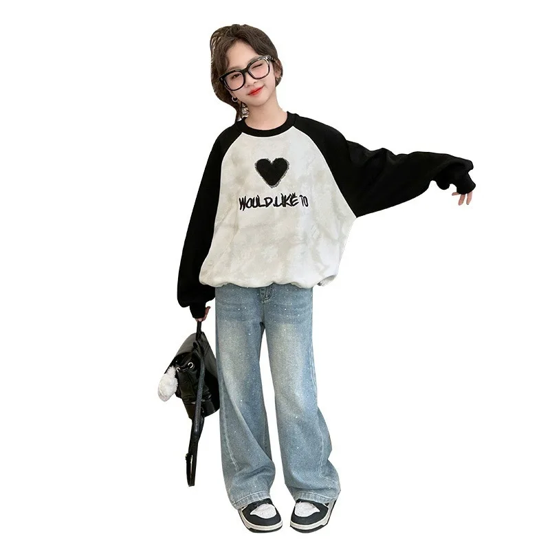 2025 الشتاء الخريف موضة المرقعة الفتيات ملابس المراهقين القلب هوديس بلوزات فضفاضة بلايز الاطفال تي شيرت 4 6 7 8 9 10 12 سنة