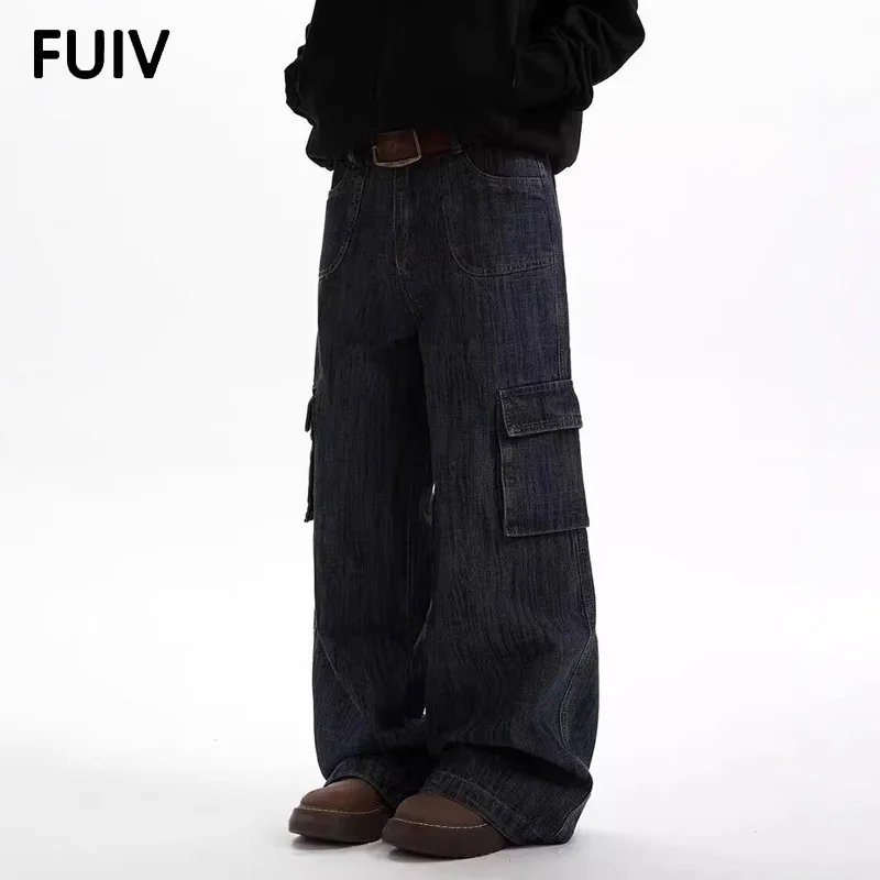 Jeans fiammato vintage a righe scure Pantaloni larghi cargo multitasche a gamba dritta da uomo