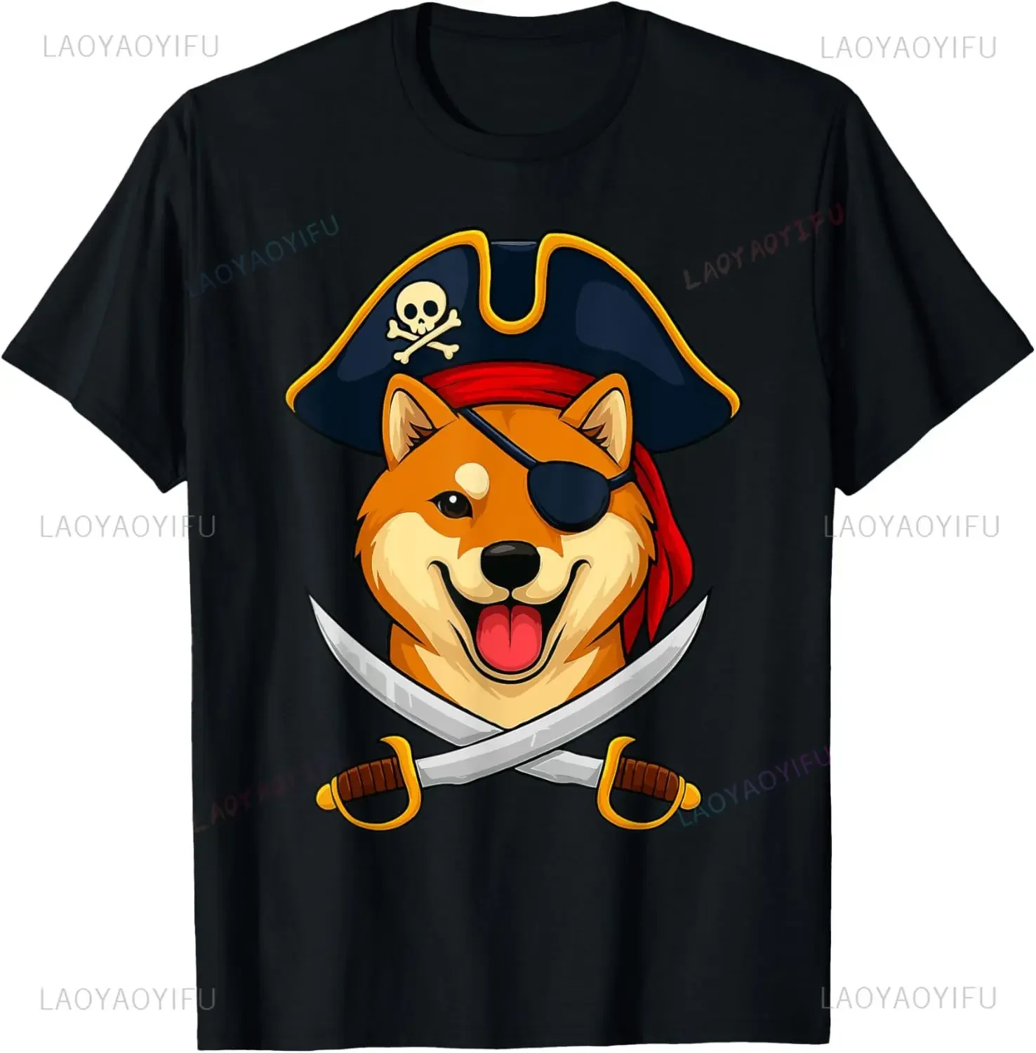 Shiba Inu Pirate T-Shirt Custom Printed Graphic T Shirts Funny Shirt Streetwear Individuality Camiseta Hombre