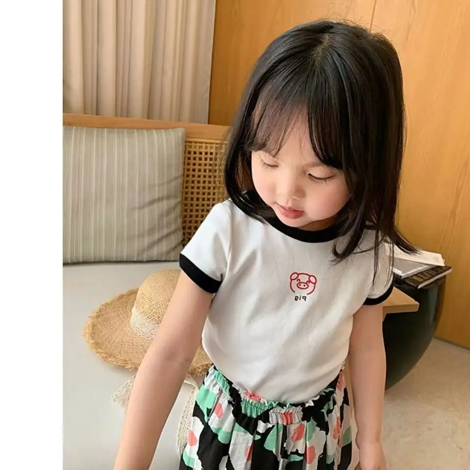 Candy Colored Short Sleeved T-shirt Girls Versatile and Stylish Cartoon Ice Silk Short Sleeves 3-8 Years Old Children Summer Top
